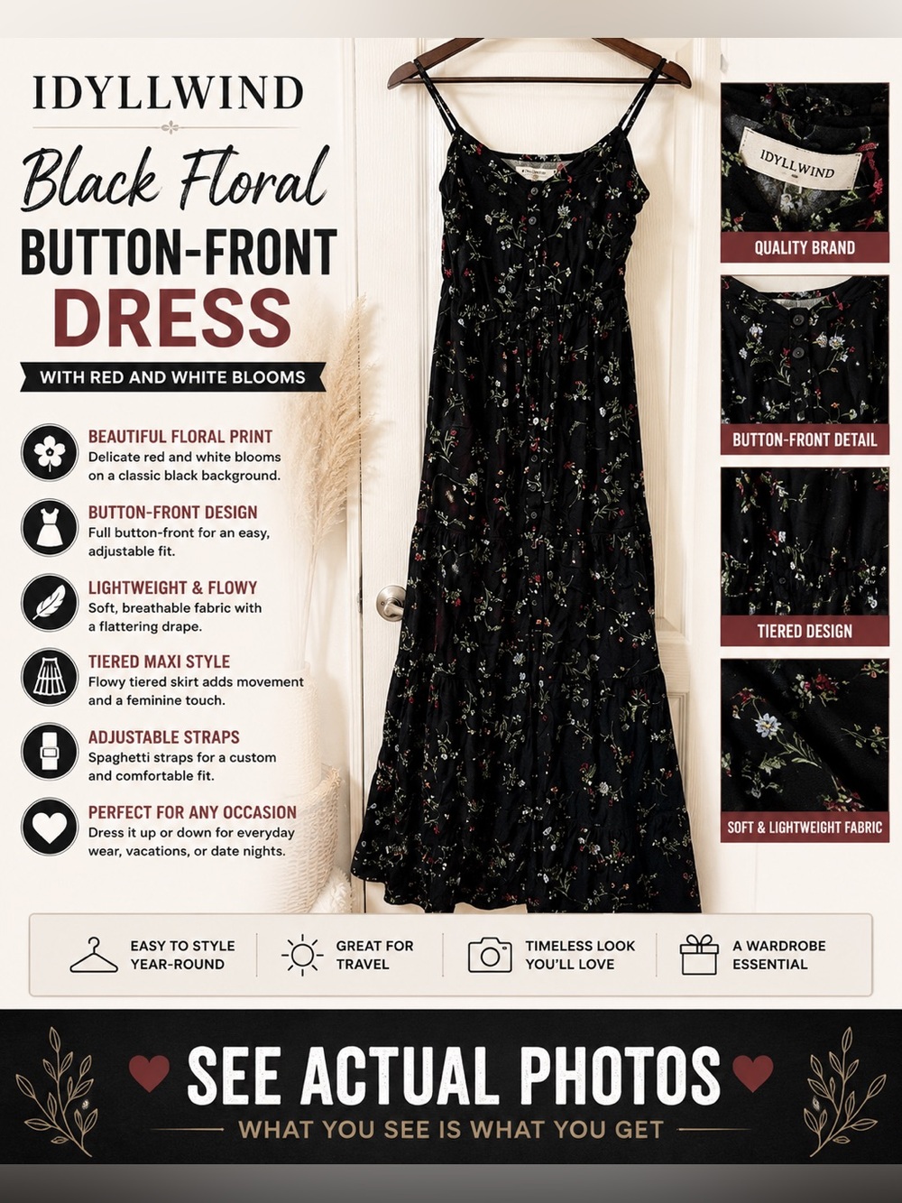 IDYLLWIND Black Floral Button-Front Dresswith Red and White Blooms
